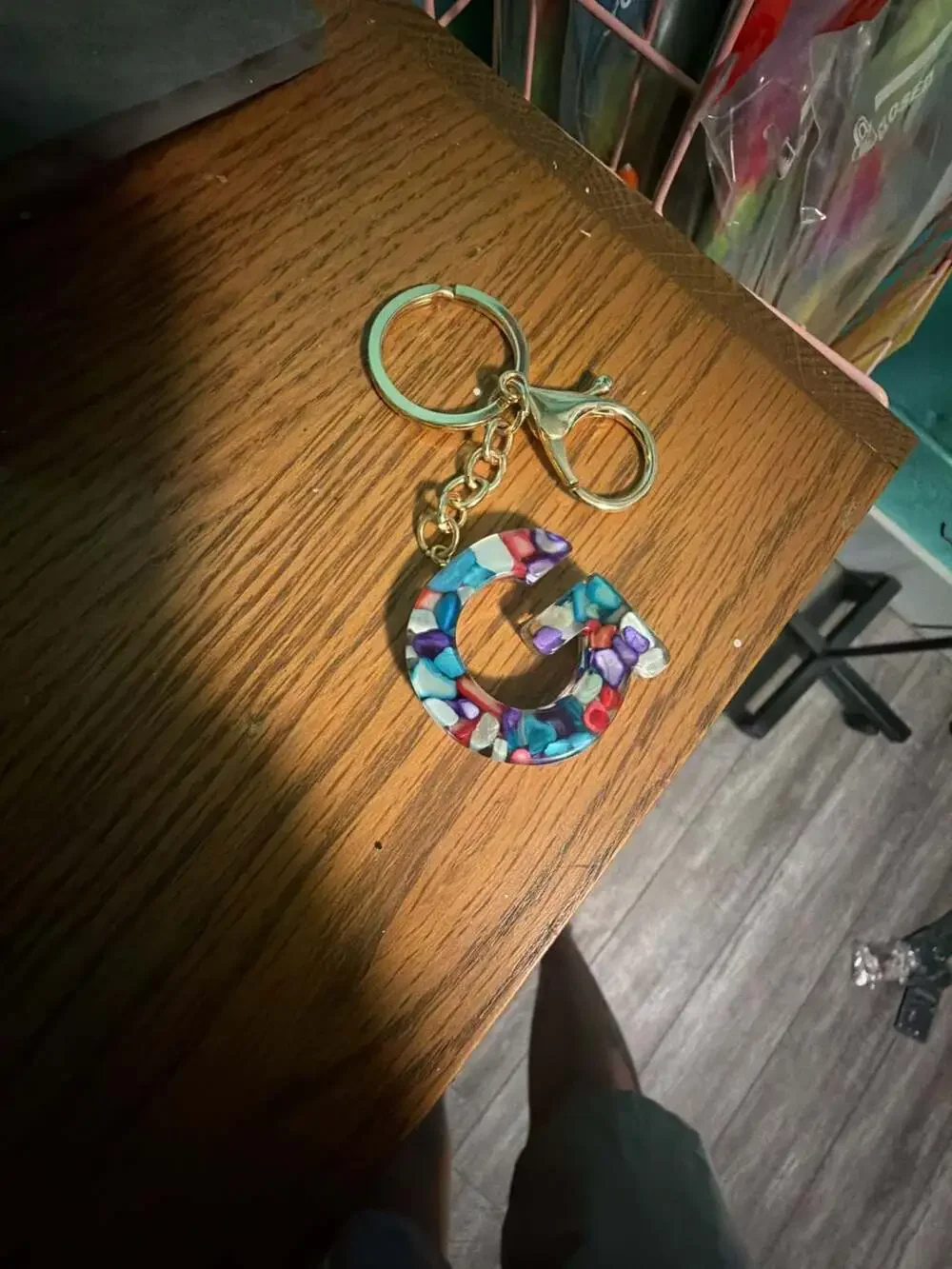 Letter G Resin Initial Keychain with Multi-Colored Stone Chips